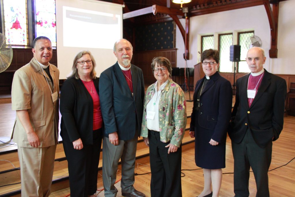 (l-r) Canon Will Mebane, President Jennings, Bishop Bill Persell, Sr. Helen Prejean, Bishop Elizabeth Eaton (ELCA), Bishop David Bowman at the Ohioans to Stop Executions People of Faith Summit at Trinity Cathedral in Cleveland