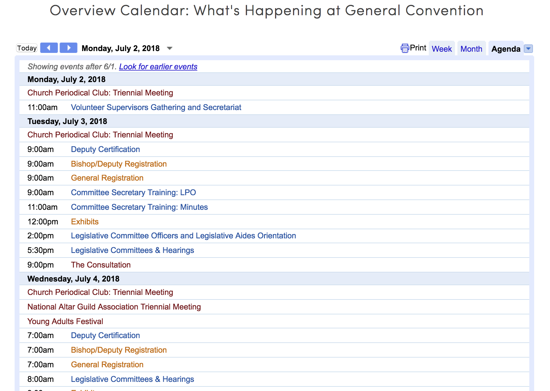 General Convention Overview Calendar Online in 2018